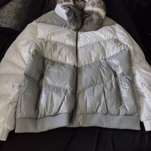 Jordan Craig Gray and White Chevron Puffer Jacket